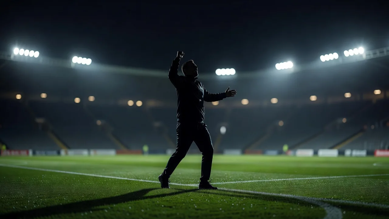 Miguel Herrera – Legendary Coach of Mexican Football Coach celebrating silhouette on a touchline at night