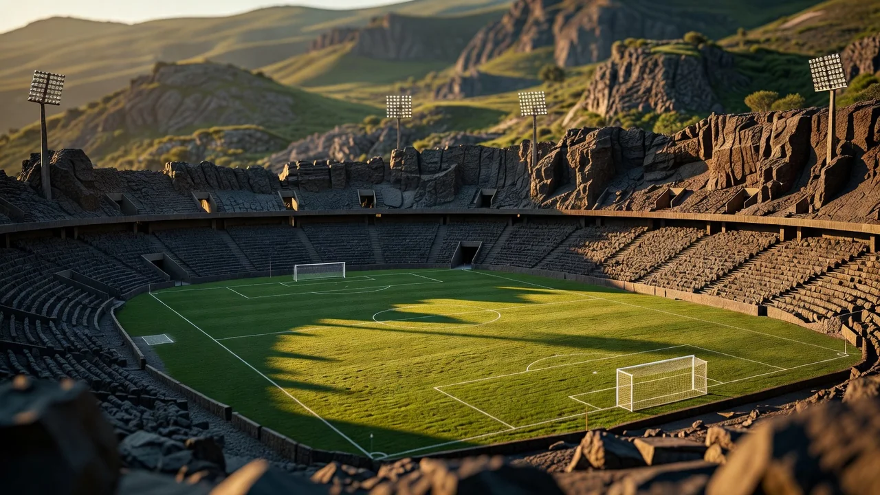 University Olympic stadium carved into volcanic rock at golden hour