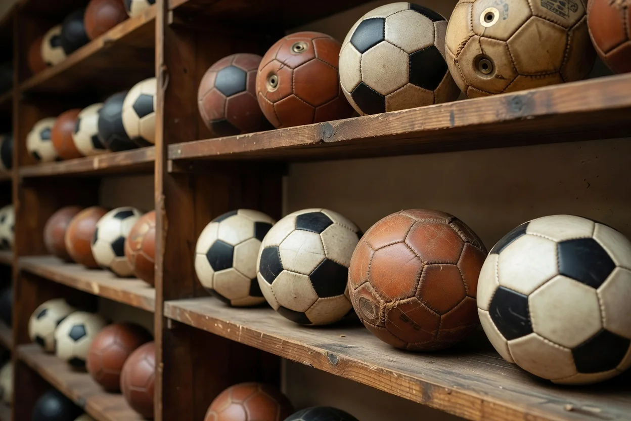 Stories of Great Players in Mexican Football Collection of vintage footballs on wooden shelves
