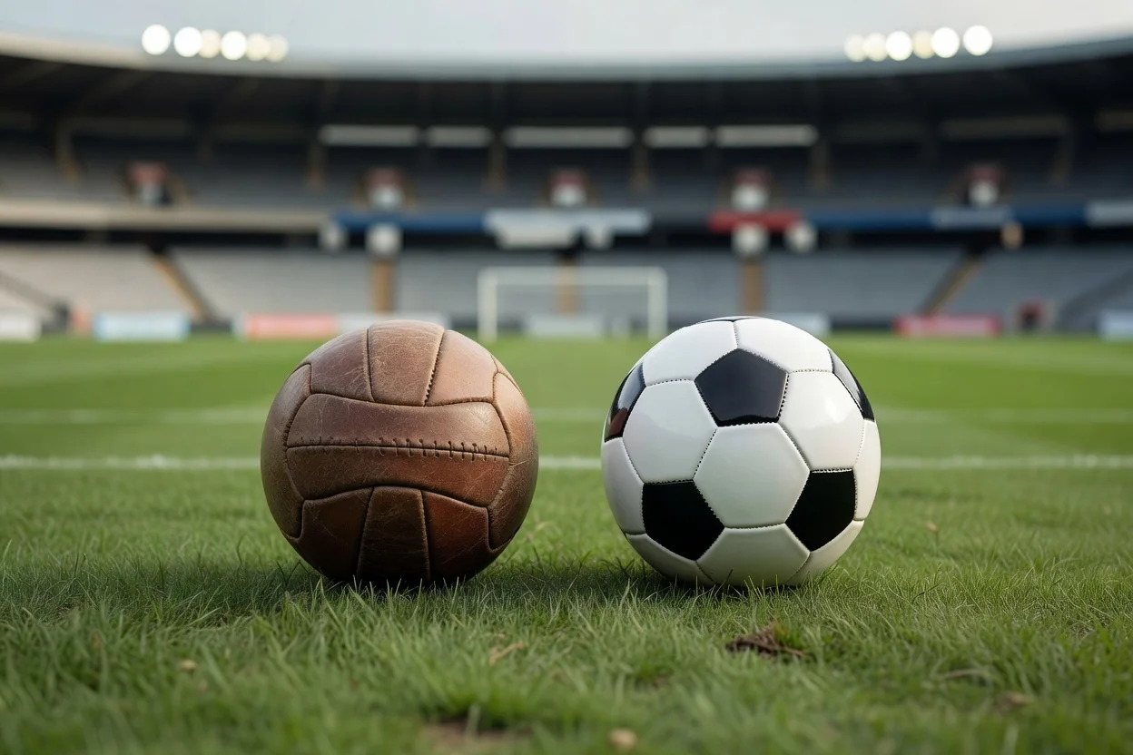The Evolution of Mexican Football Vintage leather football beside a modern match ball on grass