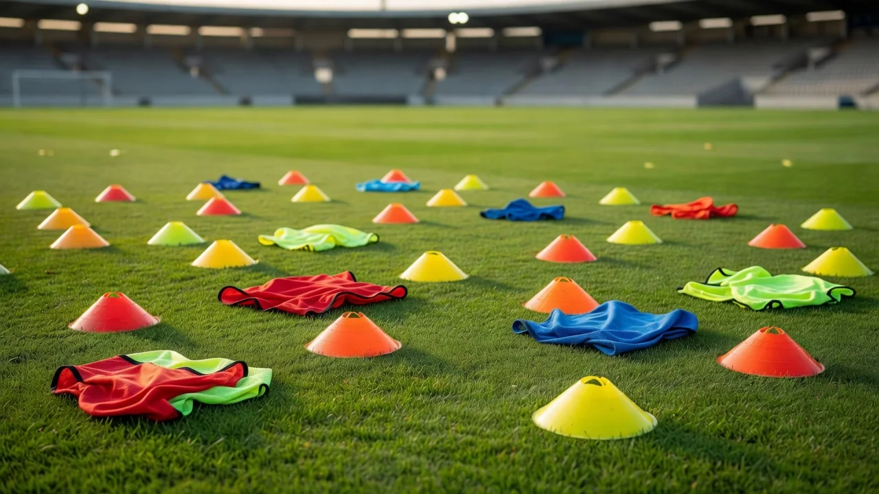 Youth training cones and bibs laid out on a green pitch