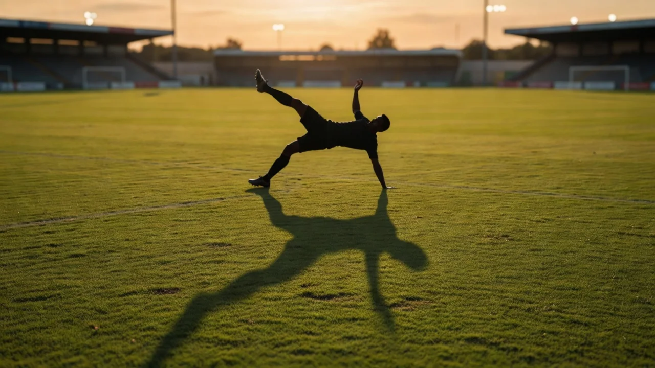 Hugo Sánchez and His Career in Mexican Football Acrobatic shadow of a bicycle kick cast on a pitch at sunset